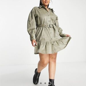 ASOS DESIGN Curve cord mini shirt dress with buckle in khaki, Size 16